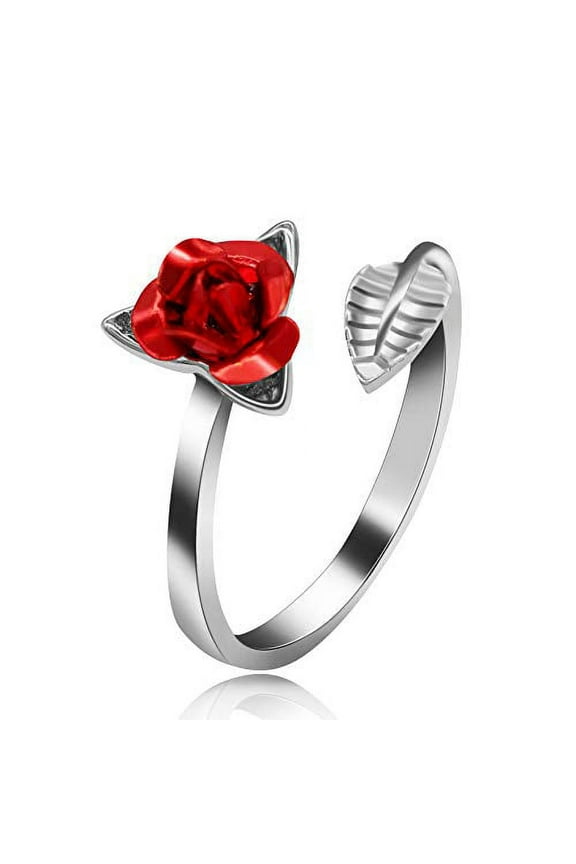 Silver Color Rose Flower Rings Adjustable Wrap Open Unique Engagement Ring Bridesmaid Jewelry Thanksgiving Gifts for Women Mom Y456-Platinum
