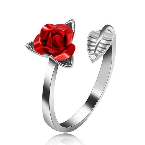 Uloveido Silver Color Rose Flower Rings Adjustable Wrap Open Unique Engagement Ring Bridesmaid Jewelry Thanksgiving Gifts for Women Mom Y456-Platinum