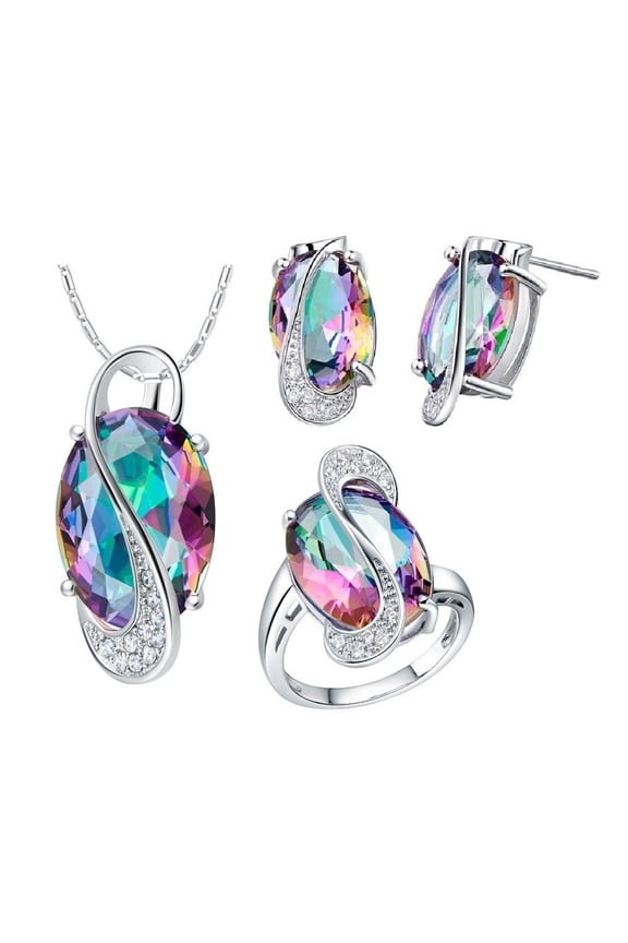 Silver Plated Jewelry Set Rainbow Mystic Topaz Ring Earrings Pendant Necklace Teacher's Day Gift
