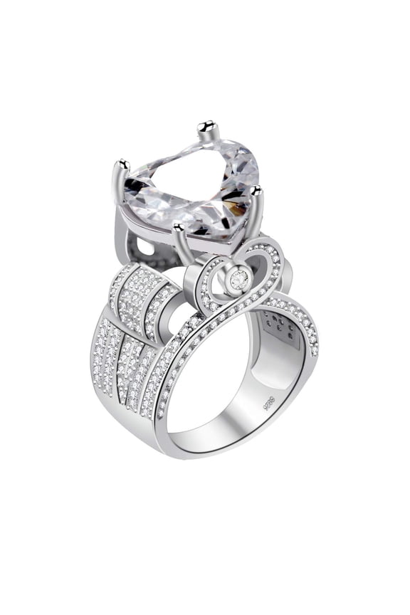 Silver Tone Big Heart-Shaped Cubic Zirconia Wide Band Cocktail Ring with Tiny CZ Paved Cluster Rings Graduation (Size 9) Y429