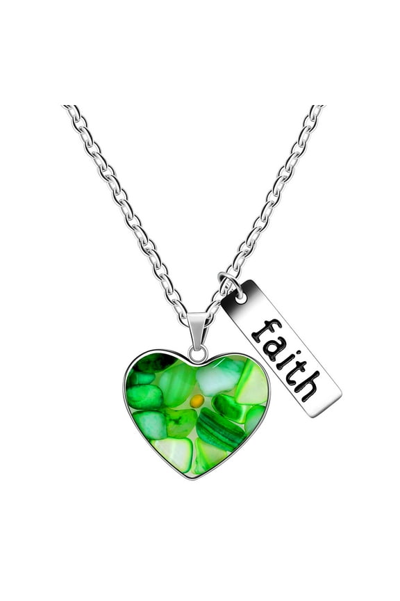 Simulated Agate Gravel Green Heart Pendant Necklace with Mustard Seed Charms Faith Inspirational Jewelry for Y962 (Green)