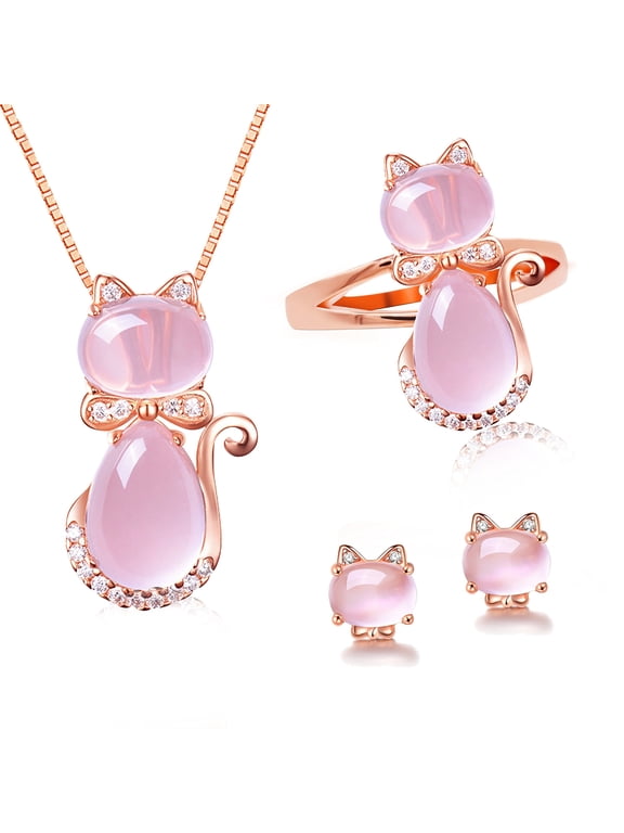 Simulated Pink Opal Cat's Eye Stud Earrings Necklace Ring Rose Gold Plated Cute Cat Animal Jewelry Set ( Size 6) Y427