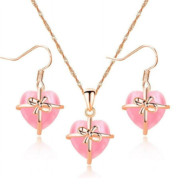 Uloveido Simulated Pink Quartz Heart Studs Earrings and Pendant Necklace Jewelry Set Cute Birthday Gifts for Granddaughter Y3698