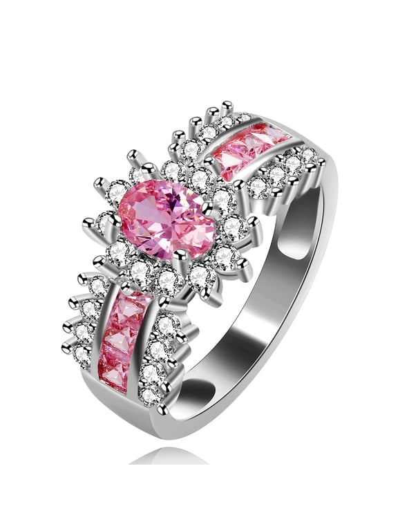 Simulated Pink Tourmaline Ring Oval Engagement Ring Wedding Band Mother's Day Jewelry (Size 7, Pink)