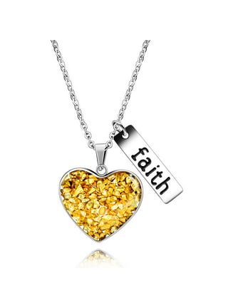 Created Gold Foil Broken Stone Inlay Love Heart Necklace Mustard Seed Charms Pendant Crystal Jewelry for Her Y941 (Yellow), Women's, Size: One Size