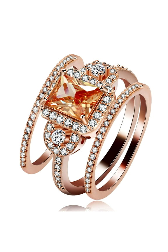 Sqaure Orange Yellow CZ Zircon 3-Stone Bridal Rings Set Rose Gold Plated Crystal Eternity Bands (Size 10) Y434