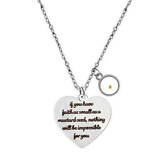 Uloveido Stainless Bible Verse Faith Quote Necklace with Real Mustard Seed Charms Christian Jewelry Piece Gifts for Women Y818 (Heart Faith-Round Seed)