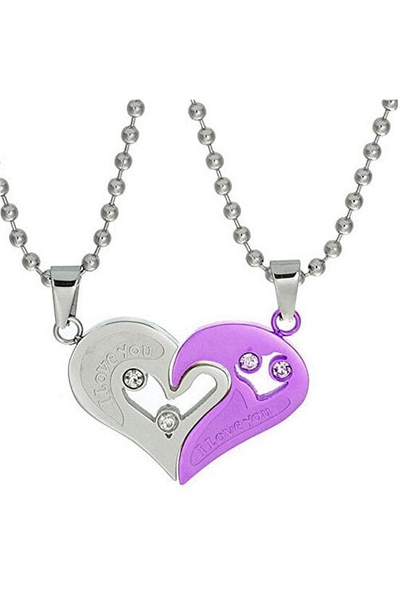 Stainless Steel Bead Chain Necklace with Pendant I Love You Puzzle Matching, Gift Ideas for Him/Her (Purple) SN102