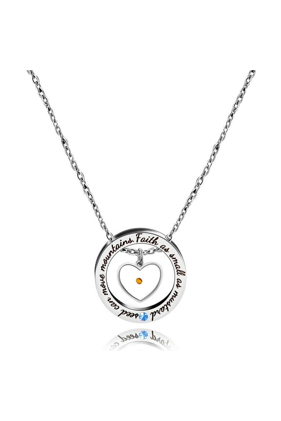 Stainless Steel Circle Round Ring Necklace Christian Jewelry Engraved Faith As Small As A Mustard Seed Can Move Mountains Y958 (Heart)