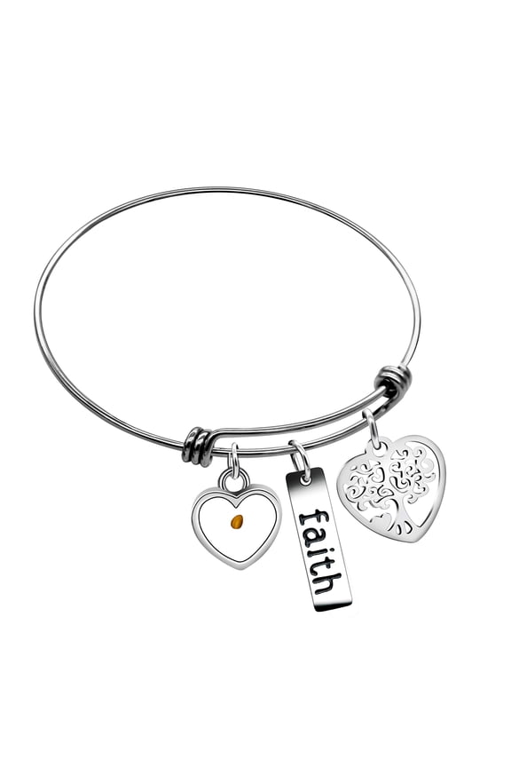 Stainless Steel Life Tree Bangle Mustard Seed Heart Pendant Cuff Bracelet Gifts for Her Girlfriend Y639-Heart