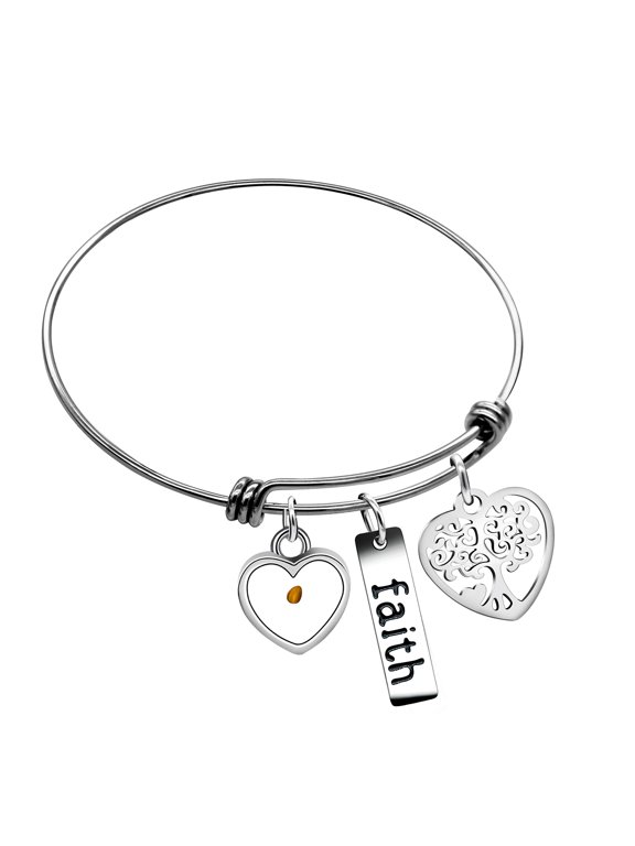 Stainless Steel Life Tree Bangle Mustard Seed Heart Pendant Cuff Bracelet Gifts for Her Girlfriend Y639-Heart