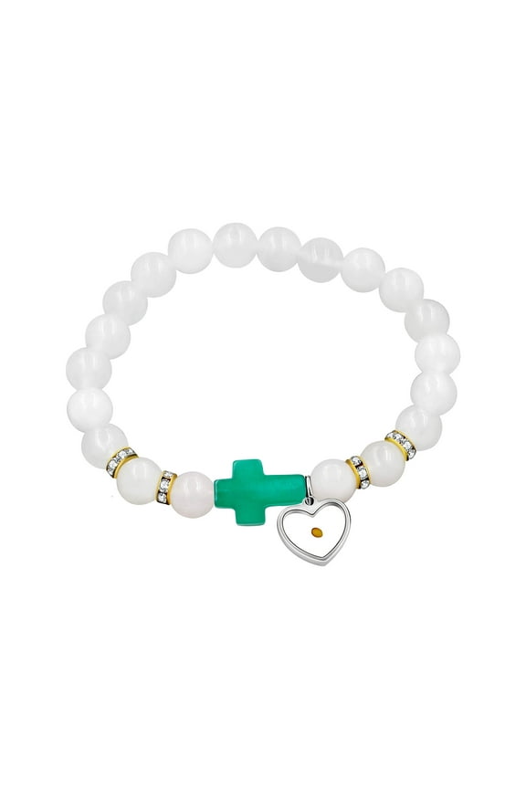 Synthetic Green Malachite Side Cross Bracelet Crystal Beads Strand Bracelets Bangle Mustard Seed Religious Jewelry for Women Y943 (Green)