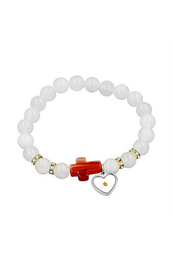 Synthetic Red Agate Side Cross Bracelet Crystal Beads Stretch Bracelets Mustard Seed Christian Jewelry for Women Y943 (Red)