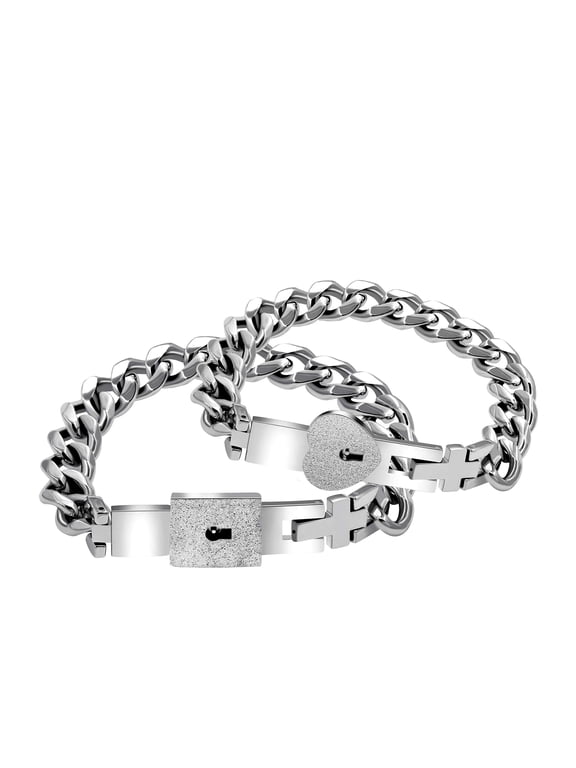 Titanium Steel Cuban Chain Bracelets for Couples, His and Hers Square & Heart Lock Bangle Matching Jewelry for Him and Her Y853(Steel)