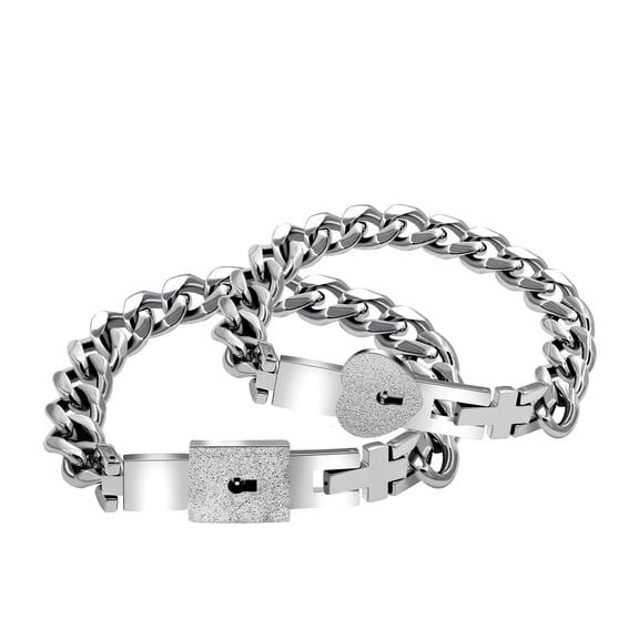 Uloveido Titanium Steel Cuban Chain Bracelets for Couples, His and Hers Square & Heart Lock Bangle Matching Jewelry for Him and Her Y853(Steel)
