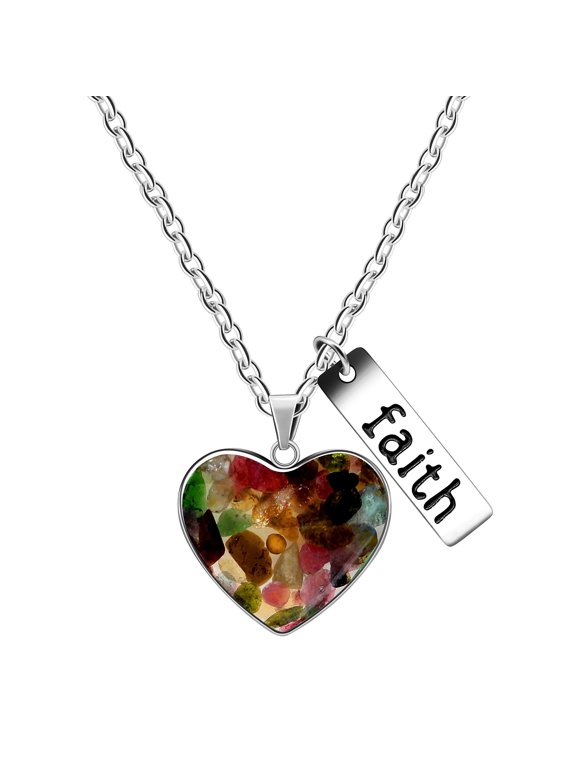 Tourmaline Gravel Green Heart Pendant Necklace with Mustard Seed Charms Faith Inspirational Jewelry for Y962 (Tourmaline)
