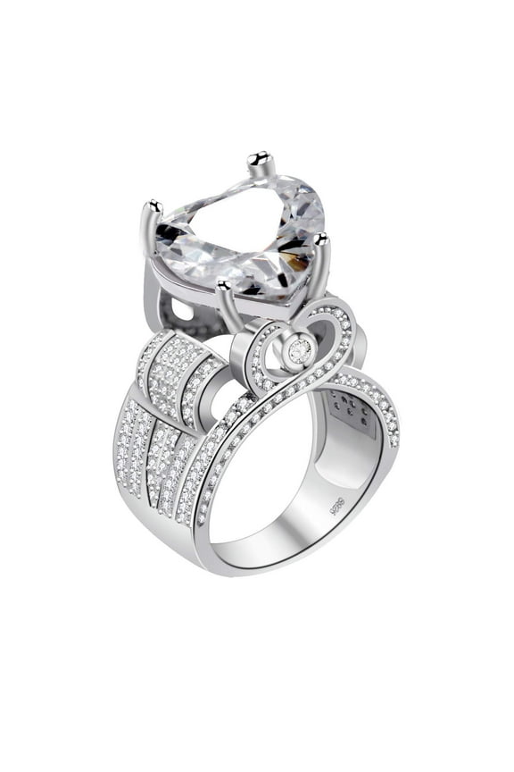 Unique Big Love Heart CZ Wide Band Architecture Statement Rings Engagement for Women (Size 6) Y429