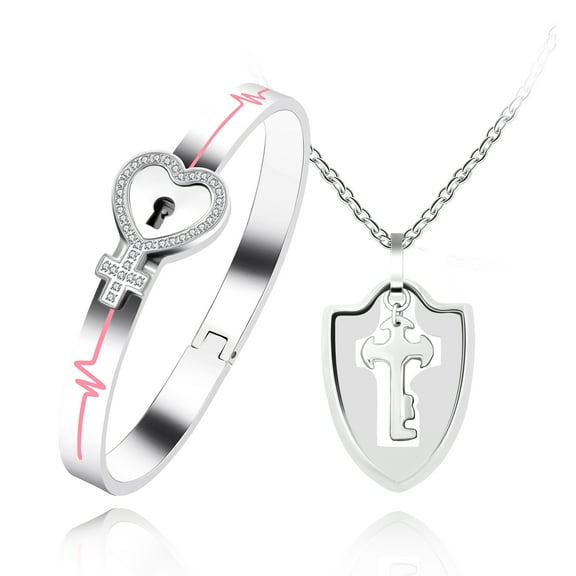 Uloveido Unisex Adult Stainless Steel Heart Cross Heartbeat Lock Bracelet and Key Pendant Necklace Set for Couples Y1481