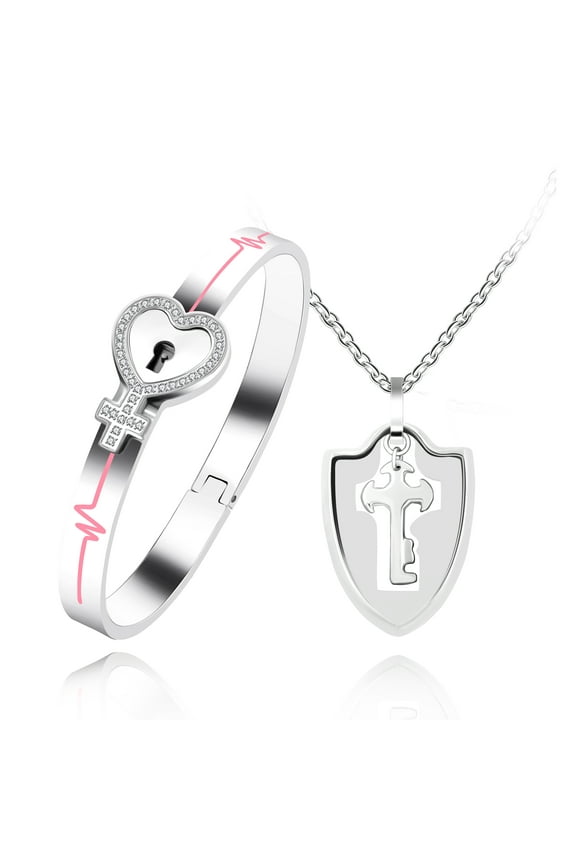 Unisex Adult Stainless Steel Heart Cross Heartbeat Lock Bracelet and Key Pendant Necklace Set for Couples Y1481