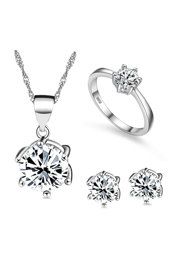 Wedding Engagement Jewelry Set - Silver Color Created Diamond Pendant Necklace Studs Earrings and Ring Set for Promise Women Gift T043