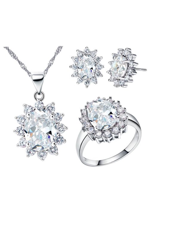 White Cubic Zirconia Platinum Plated Wedding Jewelry Set Necklace Earrings and Ring Size 6 for Women T466