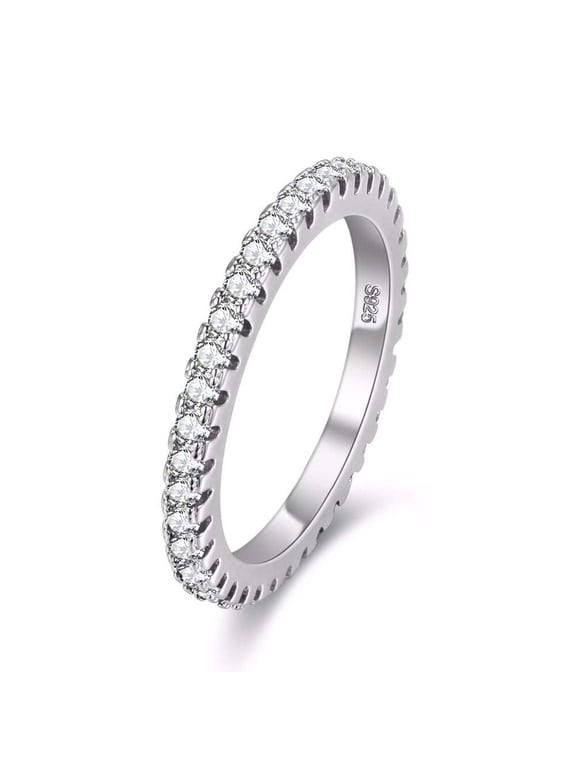 White Gold Plated 2mm Cubic Zirconia Eternity Bands for Women Birthstone Ring for Mom Women (White, Size 6)