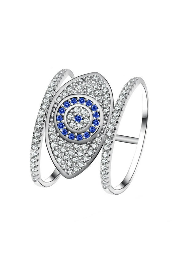 White Gold Plated Blue Evil Eye Rings for Women - Tiny Cubic Zirconia Pave Eye Ring Amulet Gifts Y325 (size 6)