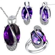 ULOVEIDO White Gold Plated Purple Crystal Wedding Anniversary Charm Necklace Rings and Earrings Women Jewelry Set Cheap for Birldal(Purple, Size 10) T472