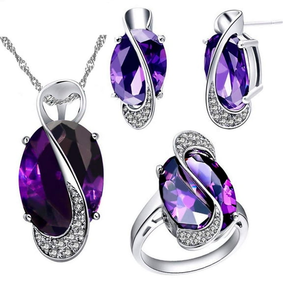 Uloveido White Gold Plated Purple Crystal Wedding Anniversary Charm Necklace Rings and Earrings Women Jewelry Set Cheap for Birldal(Purple, Size 10) T472