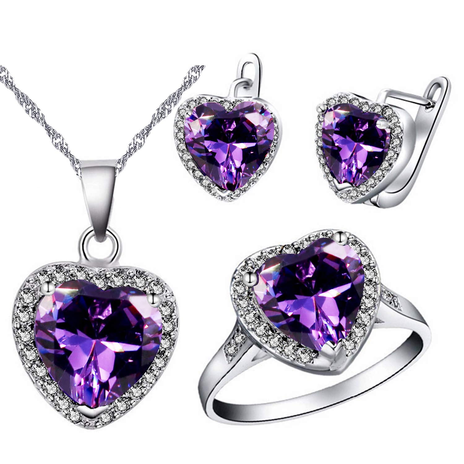 Uloveido White Gold Plated Purple Stone Heart Earrings Necklace