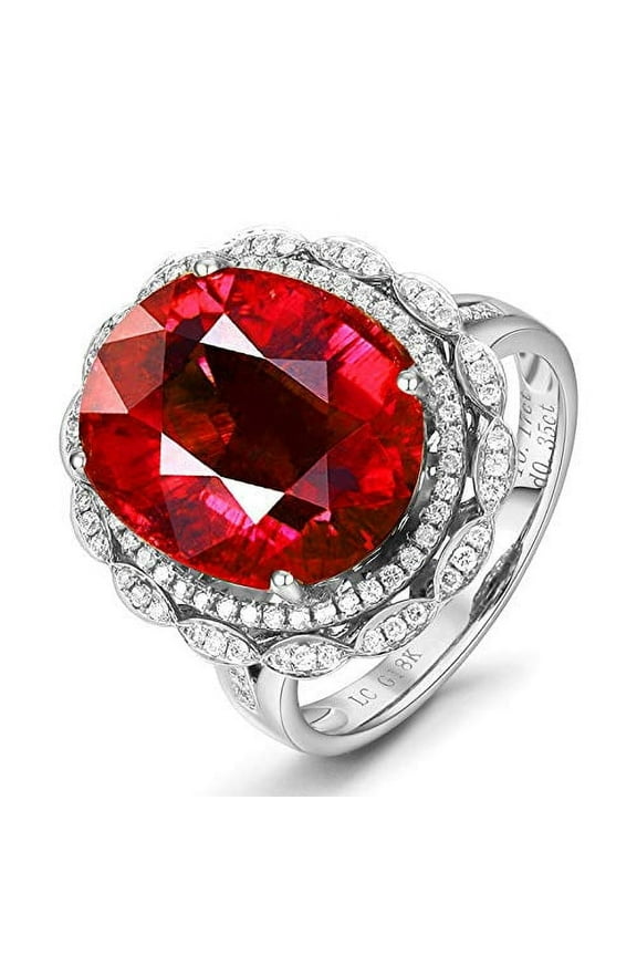 White Gold Plated Simulated Ruby Rings Adjustable, Oval Cut Red CZ Ring Engagement Promise for Women (Red)
