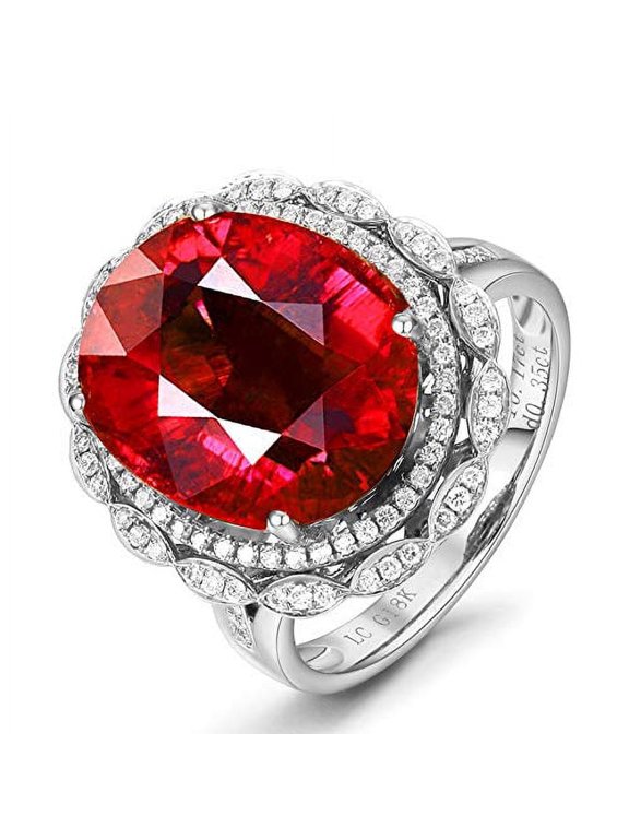 White Gold Plated Simulated Ruby Rings Adjustable, Oval Cut Red CZ Ring Engagement Promise for Women (Red)