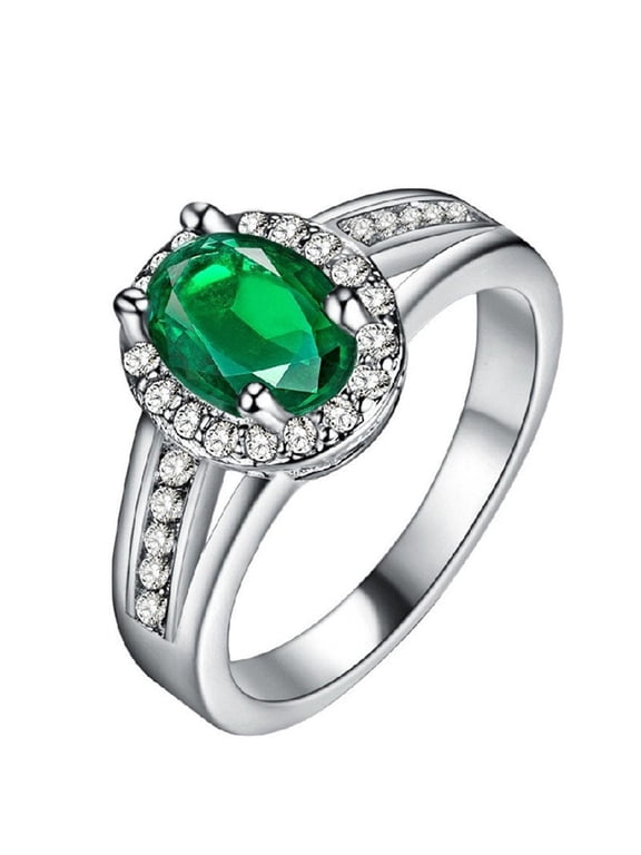 White Gold Plated Women Promise Anniversary Ring with Green Crystal Stone for Anniversary Birthday Gift PJ141