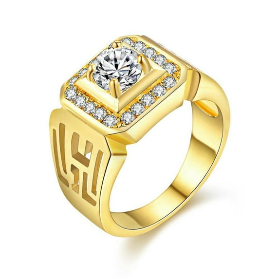 Uloveido Wide Square Brilliant Cut Yellow Gold Plated Rings with Shiny Cubic Zirconia Luxurious Rings Wedding Band for Men JX001 (Gold, Size 10)