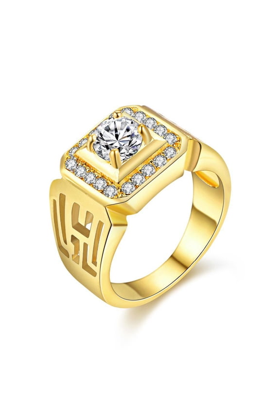 Wide Square Brilliant Cut Yellow Gold Plated Rings with Shiny Cubic Zirconia Luxurious Rings Wedding Band for Men JX001 (Gold, Size 7)