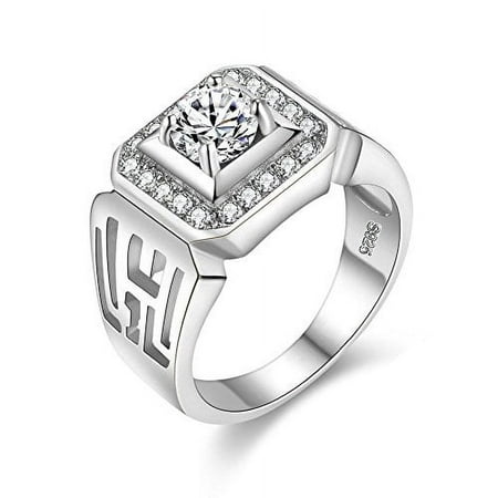 Uloveido Wide Square Platinum Plated Rings with Shiny Cubic Zirconia Luxurious Mens Wedding Rings JX001 (Silver, Size 9)