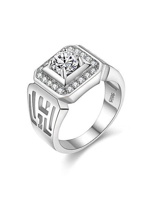 Wide Square Silver Tone Rings with Round Radiant CZ Stones Charm Rings for Men JX001 (Silver, Size 10)
