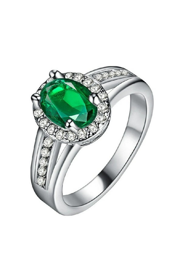 Women Fashion Jewelry Green Stone Silver Color Ring for Wedding Engagement Halo Ring for Women with CZ Diamond Size 7 PJ141