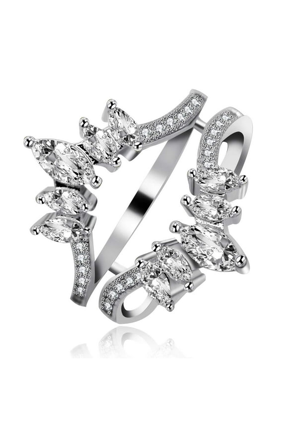 Women Marquise Cut White Cubic Zirconia CZ Double Wedding Band Ring Guard Enhancer Engagement Y445 (Silver, Size 5)