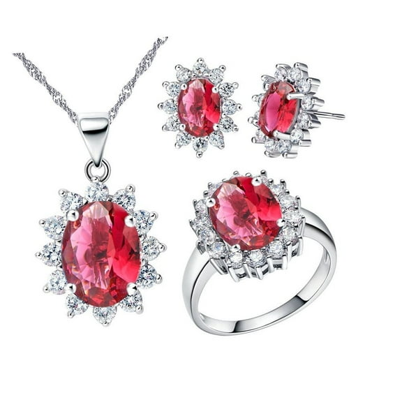 Uloveido Women Necklace and Earrings Rings Size 7 Jewelry Set for Wedding Anniversary Girlfriend with Red Crystals T466