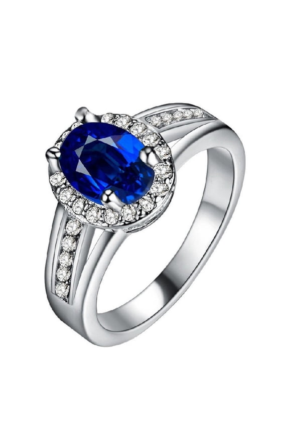 Women Platinum Plated Oval Cut Dark Navy Blue CZ Zircon Promise Rings Wedding Engagement Band for Girl-Friend (Size 8) PJ138-BLUE