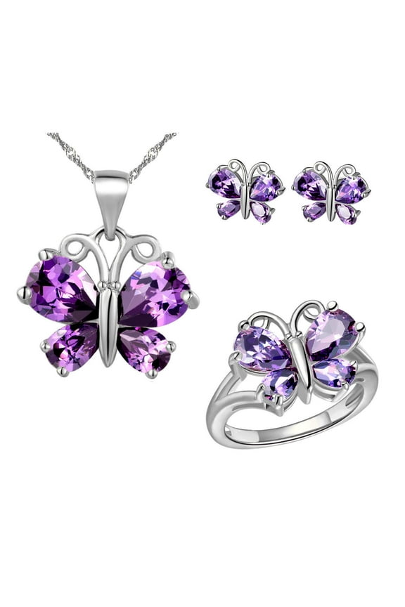 Women Platinum Plated Purple Crystal Love Butterfly Pendant Necklace Promise Ring and Studs Earrings Jewelry Set for Birthday Gift T235