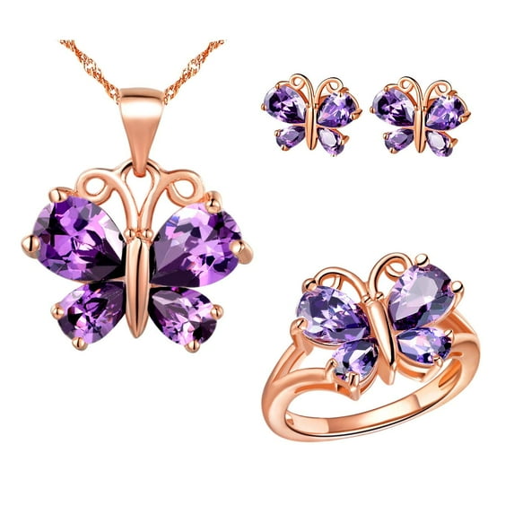 Uloveido Women Platinum Plated Purple Crystal Love Butterfly Pendant Necklace Promise Ring and Studs Earrings Jewelry Set for Birthday Gift T235