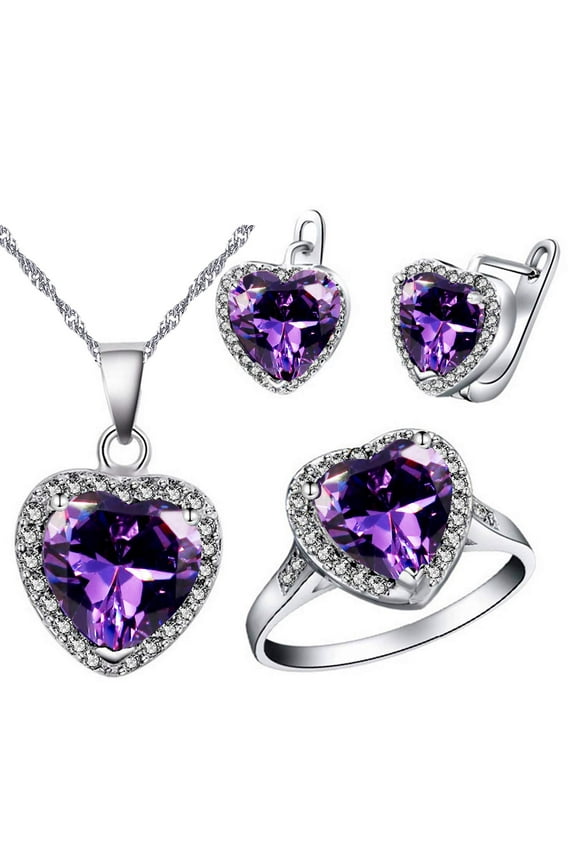 Women Platinum Plated Purple Crystal Love Heart Pendant Necklace Promise Ring and Studs Earrings Jewelry Set for Birthday Gift T481
