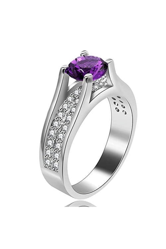Women Platinum Plated Round Cut Simulated Purple Amethyst Gemstone Promise Engagement Rings for Her Wedding Jewelry Valentine's Gifts for Girls Girlfriend (Purple, Size 7) Y006