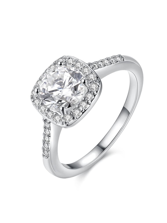 Women Platinum Plated Square Cubic Zirconia Promise Engagement Wedding Band Solitaire Graduation Rings for Her (Platinum Color, Size 6) KR002