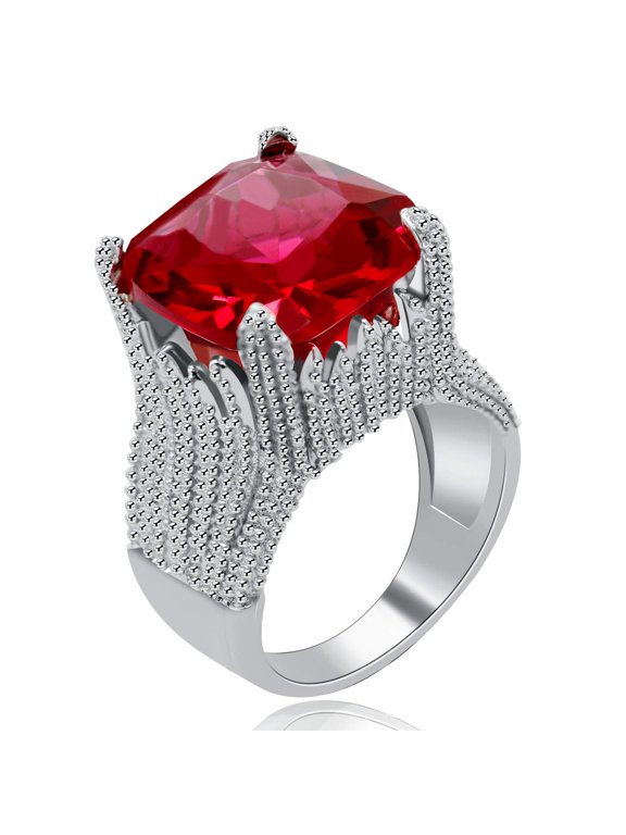 Women Platinum Plated Square Red CZ Zircon Ring Red Rhinestone Birthstone Rings Wedding Anniversary Jewelry (Size 10) RA0414