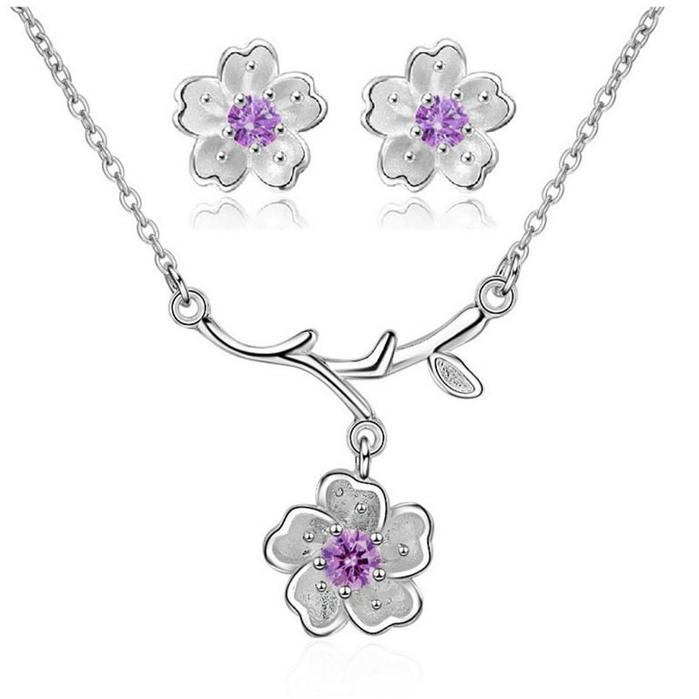Uloveido Purple Flower Earrings and Necklace Set, Zirconia Jewelry