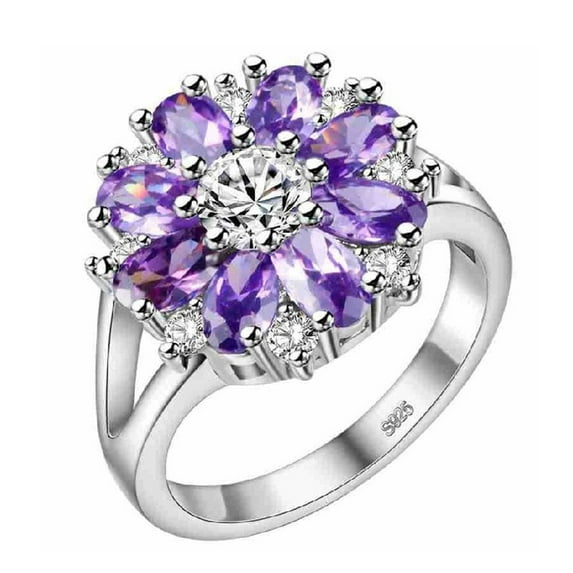 Uloveido Women Purple Crystal Flower Design Rings White Gold Plated Wedding Engagement Rings with Created Amethyst for Girls Birthday Gift (Size 6) J676