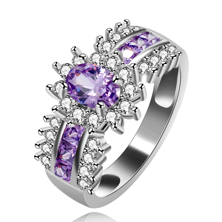Uloveido Women Rhodium Plated Oval Cubic Zirconia Purple Promise
